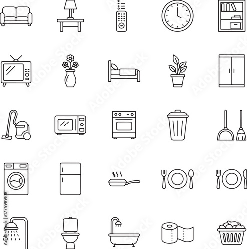 Collection of line art icons representing household items and furniture