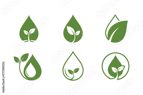 Collection of green leaf and water drop logos for eco friendly branding.eps