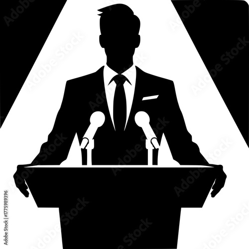 Eloquent Address: A silhouette of a poised speaker at a podium, commanding attention with the presence and microphone ready. 