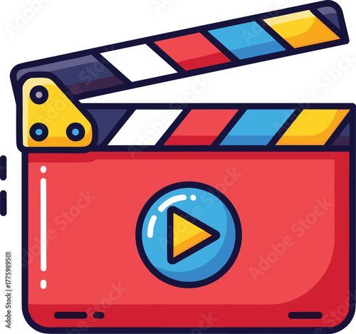 Colorful movie clapperboard icon with play button, film production, cinema, video editing and entertainment illustration