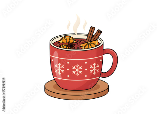 Classic holiday dish. A red mug or cup filled with spiced fruit mulled wine, featuring orange and cinnamon. A warm beverage for Christmas or New Year. A design element for a postcard. 