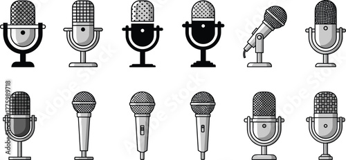 Set of vintage and modern microphone icons, black and white audio recording equipment collection, podcast, music studio illustration