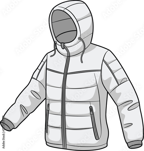 “Technical hooded winter jacket illustration, quilted fashion sketch, insulated apparel template, clothing construction drawing, vector outerwear design mockup”
