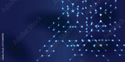 Abstract digital network of glowing nodes and connections on a dark blue background.