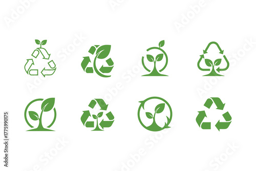 Collection of green recycling and nature icons with growing plants.eps