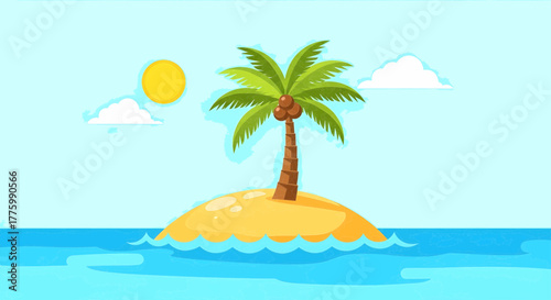 Tropical Island Paradise A Sunny Day with Palm Trees and Ocean Views in Cartoon Style