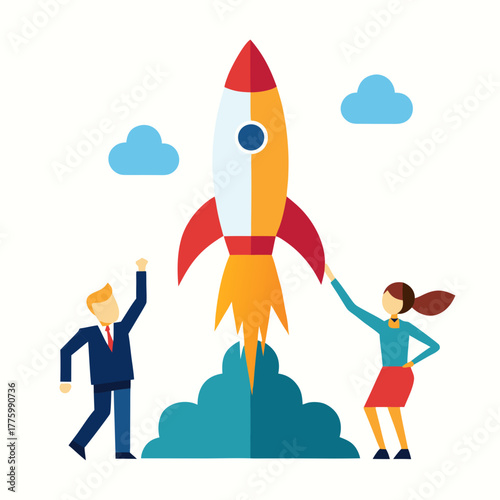 Business Team Launching Rocket for Startup Success 