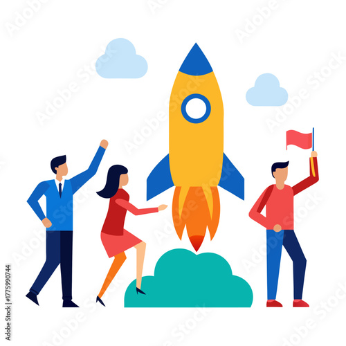 Business Team Launching Rocket for Startup Success 