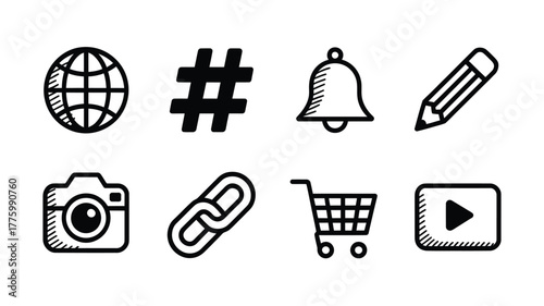 Essential black and white icons for modern web design and social media marketing success, perfect for landing pages, app development, and creative campaigns