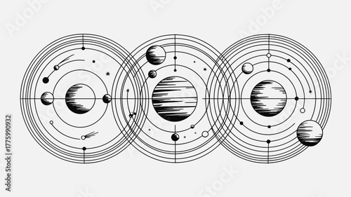 Modern celestial map art print with planets, stars, and orbits for astronomy lovers or astrology enthusiasts, perfect for wall decor or educational material