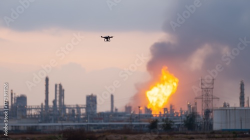 War. Power plant is under attack due to drone strike. FPV drone hitting infrastructure of an enemy