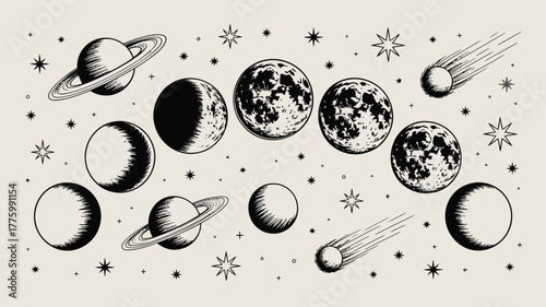 Explore the cosmos with stunning planets, stars and comets in this celestial design for magical projects, perfect for astrology lovers and dreamers