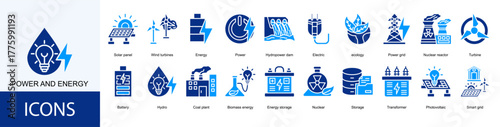 power and energy icon collection set. Containing Solar panel, Wind turbines, Energy, Power, Hydropower dam, Electric, ecology icon