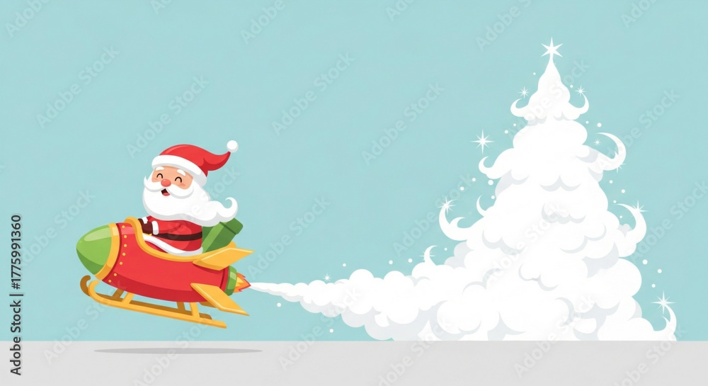Fototapeta premium Cartoon Illustration of Santa Claus riding a rocket sleigh in the sky, with Christmas tree shaped smoke behind him, on light blue background.