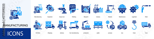 manufacturing icon collection set. Containing Welding, Blueprint, industry, Robotic, Maintenance, cogwheel icon