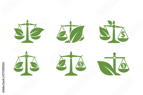 Green scales of justice with leaves and eco symbols representing environmental law.eps