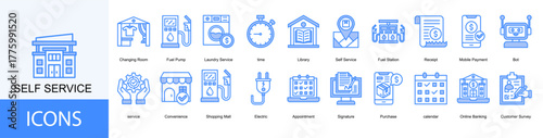 self service icon collection set. Containing Changing Room, Fuel Pump, Laundry Service, time, Library icon