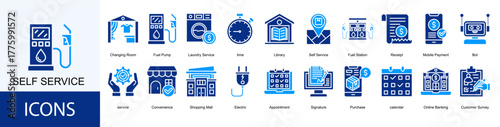 self service icon collection set. Containing Changing Room, Fuel Pump, Laundry Service, time, Library icon