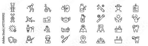 Healthcare, medical, and wellness outline icon set – hospital, doctor, vaccine, immunity, patient, dental, health checkup symbols, Doctor, Nurse, Hospital, Dental Care, Heartbeat, Syringe