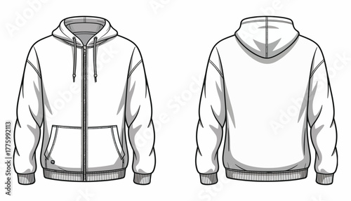 Men’s Casual Hooded Jacket Vector Illustration — Ideal for Fashion Catalogs, Apparel Mockups, Clothing Design Templates, E-Commerce Listings, Technical Drawings, and Online Store Graphics