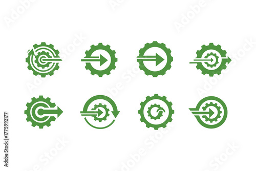 Set of green gear icons with arrows and targets symbolizing progress and goals.eps