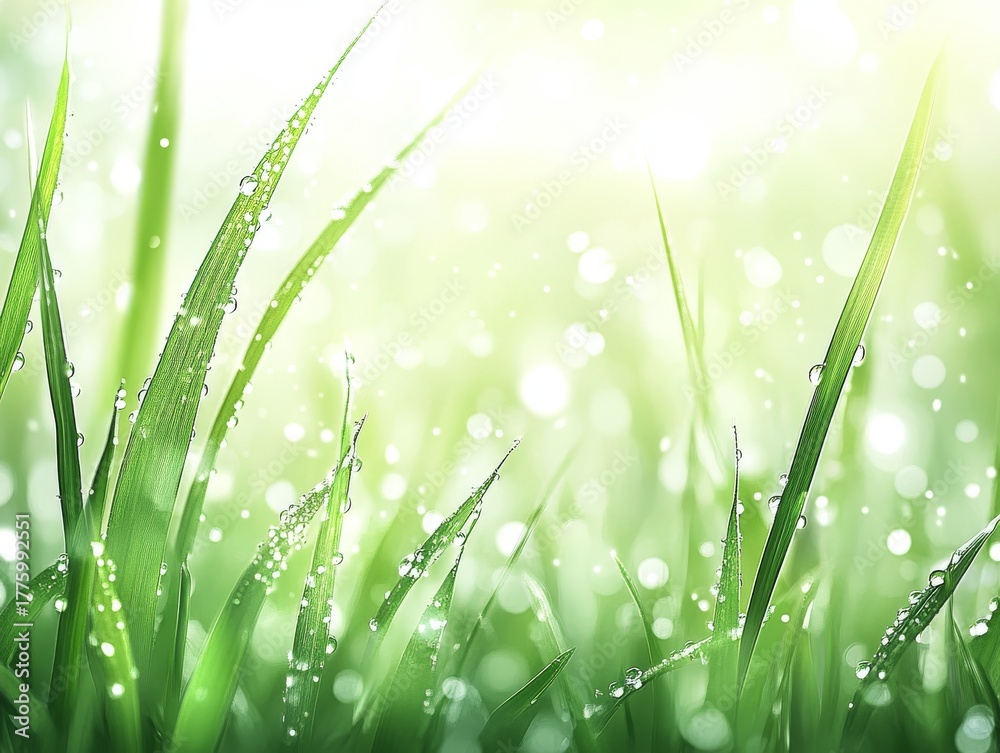 Obraz premium 78.Vibrant green grass close-up with dew drops glistening in soft sunlight, individual blades detailed with fine textures, blurred background of a lush meadow, fresh atmosphere with sparkling water