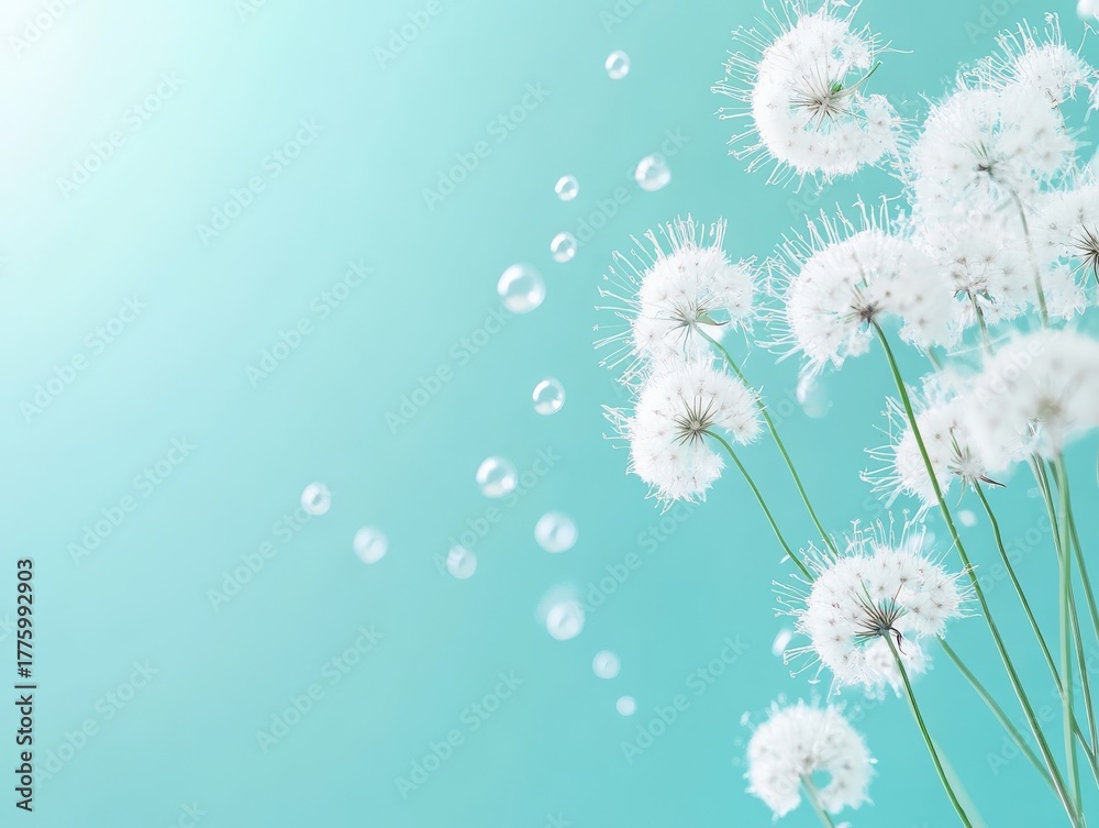 Obraz premium 64.Goatbeard seed head partially dispersed, remaining seeds glistening with fine dew, rich turquoise background softly fading into a gradient.