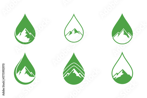 Six green water drop icons with mountain landscapes inside, eco symbol, eco logo, symbolic logo, vector logo