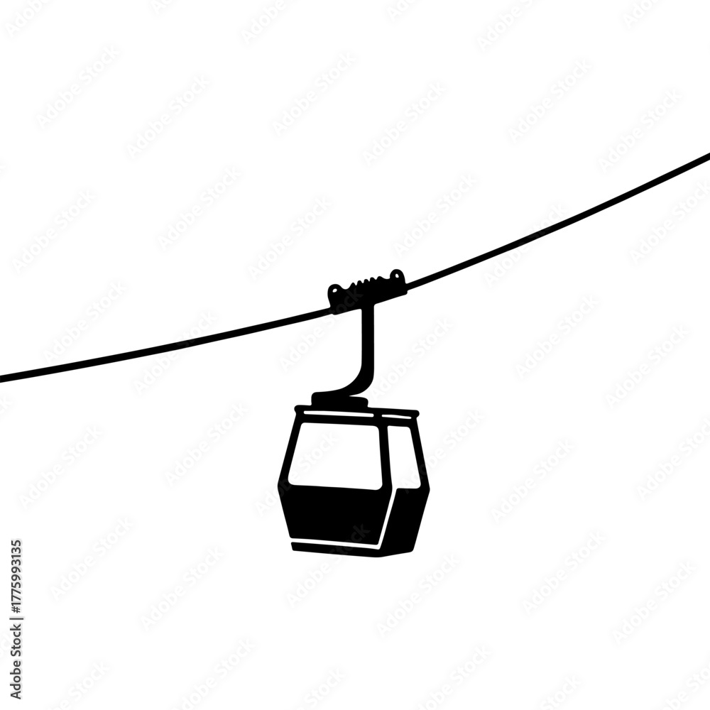 Fototapeta premium Sketchy emblem of cable car cabin on a suspended cable. Engraving minimalistic vector in black ink drawing on transparent background
