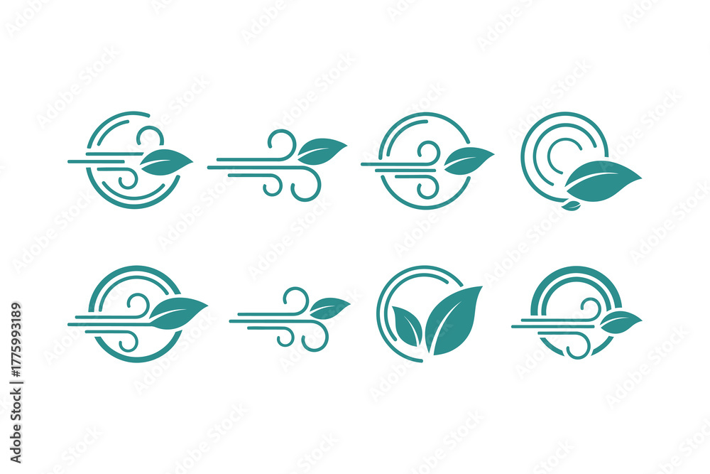 Fototapeta premium Stylized green leaf and wind icons representing nature and ecology, eco symbol, eco logo, symbolic logo, vector logo