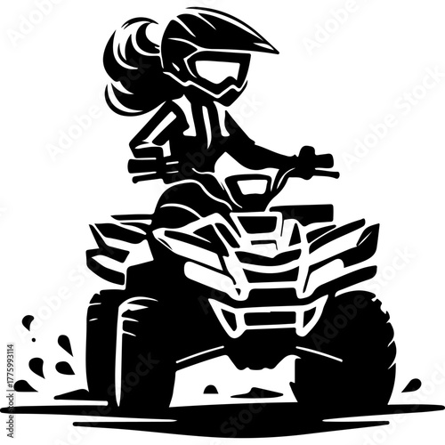 Sketchy sport emblem of Extreme sportswoman races on quad bike raising lumps of mud. Engraving minimalistic vector in black ink drawing on transparent background