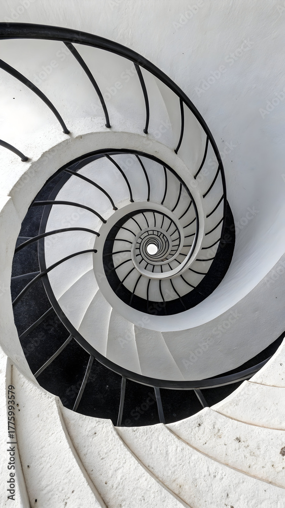 Fototapeta premium Striking black and white spiral staircase creating an optical illusion of depth and infinite architectural geometry.