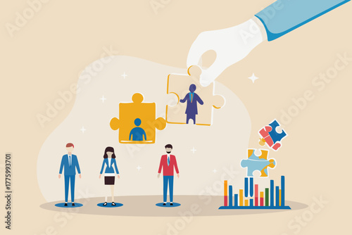 Hand placing a puzzle piece with a person into a larger puzzle representing team building and human resources