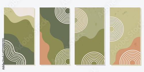 Set of four abstract organic shapes and minimalist geometric patterns in muted earthy tones