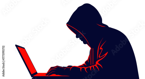 Mysterious hooded figure intensely focused on glowing laptop screen, symbolizing cybercrime, anonymity, and digital threats in a modern context