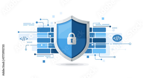Digital shield with lock symbol and abstract technology network, safeguarding data and online security in a modern cyber world