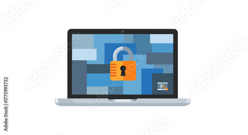 Secure your digital world with this modern laptop featuring a prominent orange lock icon symbolizing data protection and cybersecurity