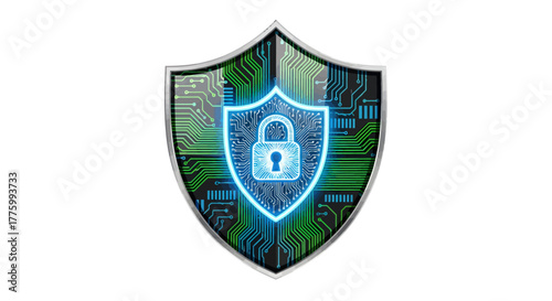 Secure your digital world with this dynamic cyber shield featuring a glowing padlock and intricate circuit board patterns, symbolizing ultimate data protection and online safety.