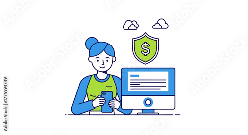 Empowered woman managing finances securely on smartphone and computer, protected by digital shield and cloud service