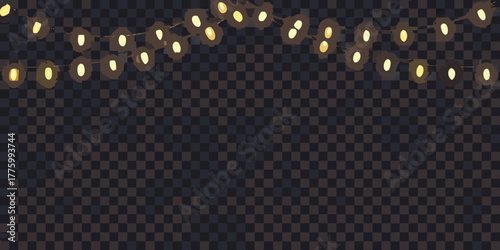 Warm glowing string lights draped across a dark checkered background creating a festive atmosphere