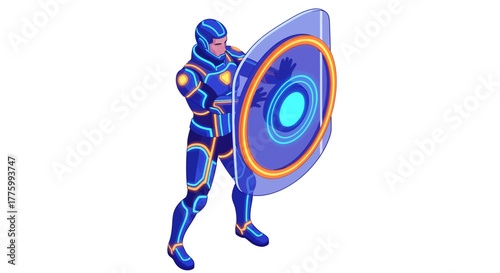 Futuristic warrior in vibrant blue neon suit with glowing shield defends with dynamic energy, embodying digital protection and cyber security.
