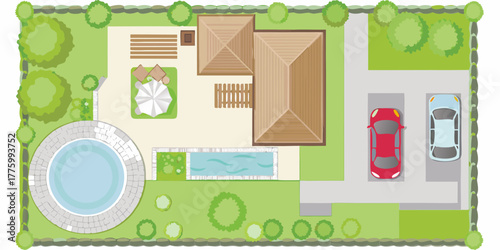 Top view aerial illustration of a modern house with a swimming pool and hot tub in the backyard