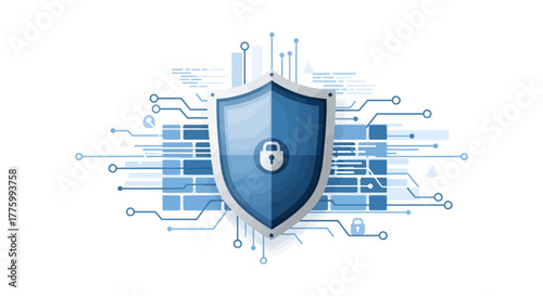 Dynamic digital shield symbolizes robust cybersecurity, network protection, and data privacy in a modern tech landscape