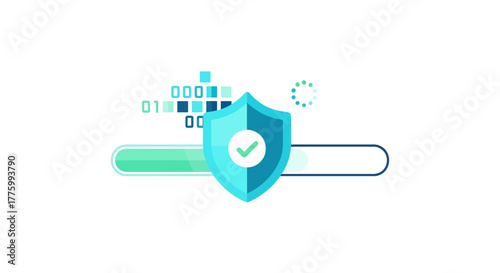 Secure data protection with digital shield and binary code progress bar, emphasizing cybersecurity and system integrity assurance for modern businesses.