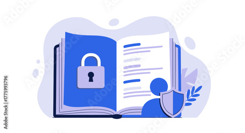 Secure knowledge protection concept with open book, padlock, and shield symbolizing data safety and intellectual property rights