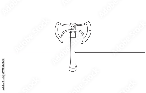 Continuous one line drawing double headed battle axe vector illustration.