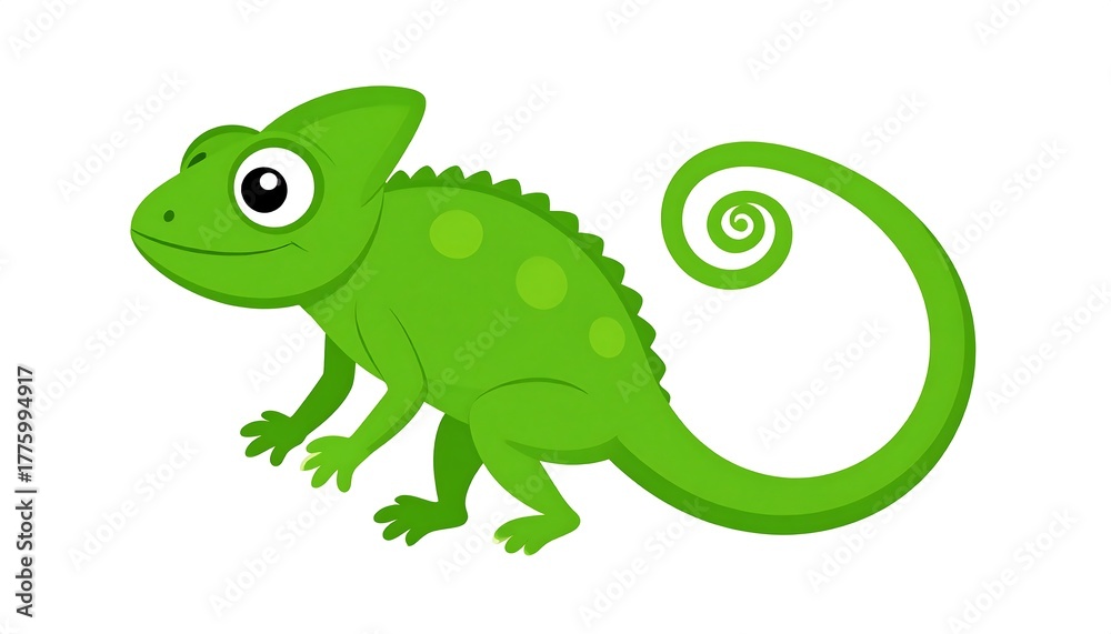 Naklejka premium A cute green cartoon chameleon with a curly tail, big eyes, and a small smile poses against a white background