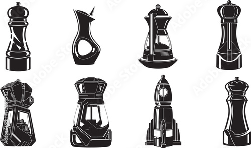 Diverse kitchen grinders and futuristic containers