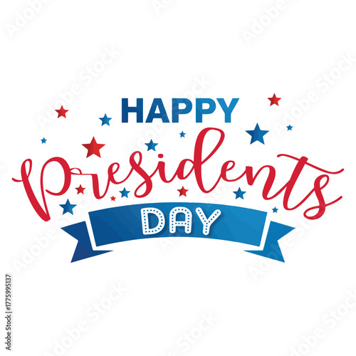 Happy Presidents Day Graphic – Patriotic Red, White, and Blue Design with Stars and Ribbon