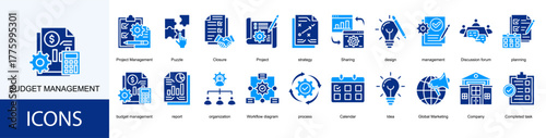 budget management icon collection set. Containing Project Management, Puzzle, Closure, Project, strategy, Sharing, design, management icon